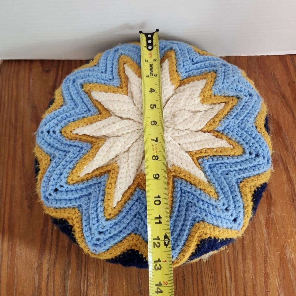 Hand Crochet Pillow Starburst Blue White Gold 13x3 Vtg‎ Grandmacore Cottagecore